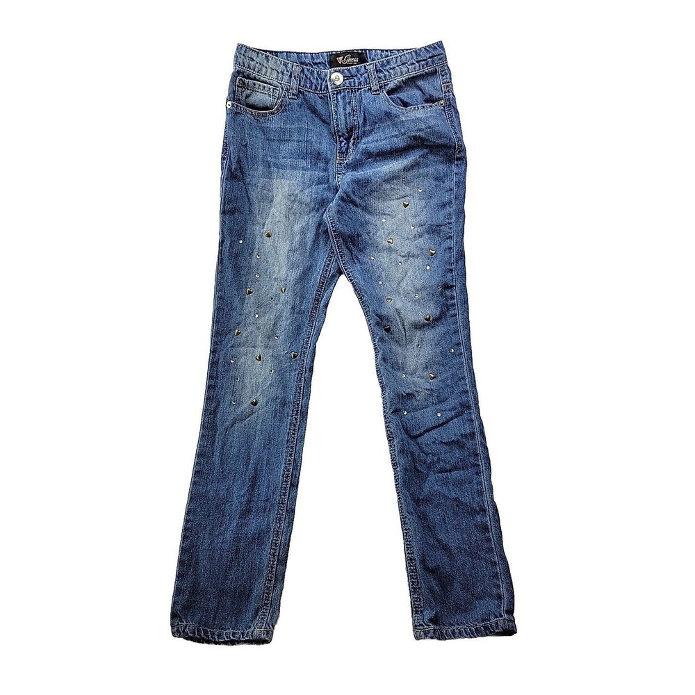 GUESS Jeans Youth 14 Blue Denim 100% Cotton Hearts and Jewels Rhinestone Tapered